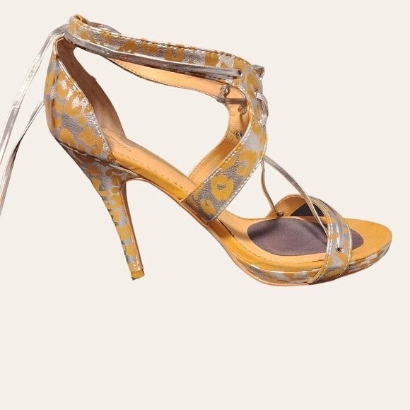 Colin Stuart Metallic Leopard Cheetah Animal Print Gold Silver Lace Up Wrap heel - Picture 14 of 16
